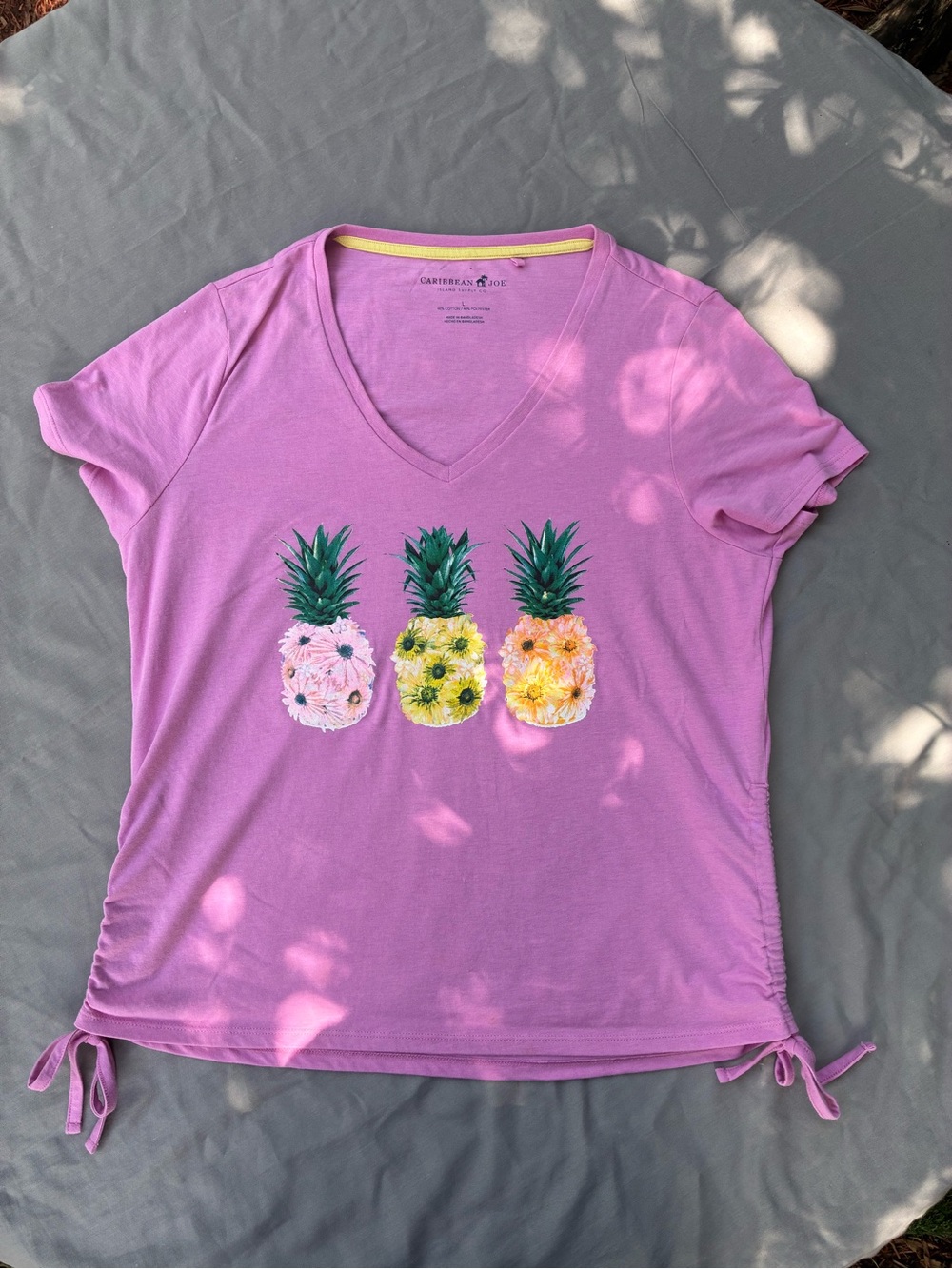 Caribbean Joe Pink V-Neck Pineapple Floral Tee